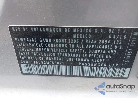 2016 Volkswagen Golf Gti S 4-Door from USA, damaged, VIN 3VW5T7AU9GM058071